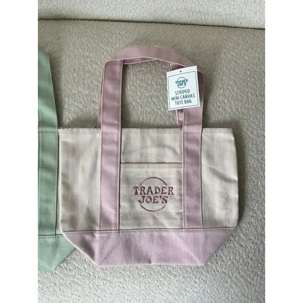 Trader Joe's Set of 2 Striped Mini Canvas Tote Bags Pink & Mint NWT